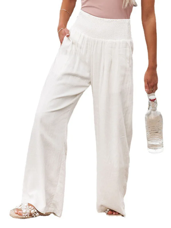 Simple Casual Solid Color Ramie Cotton Wide Legs Pants