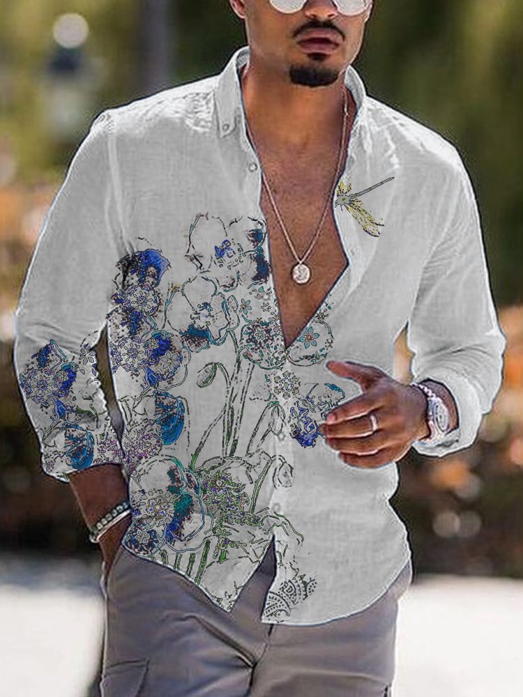 Men's casual printed cotton linen long sleeved shirt