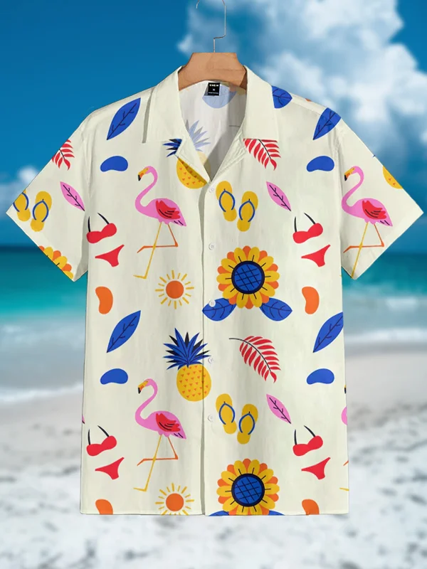 Men's Flower And Flamingo Tropical Cartoon Pattern Vacation Shirt