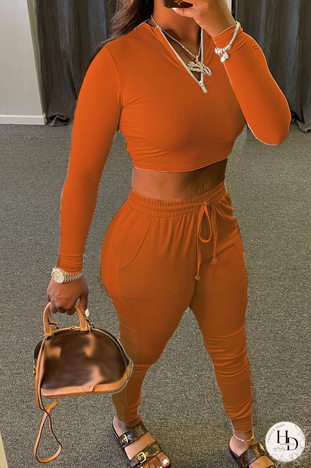 Orange Work Daily Polyester Solid O Neck Long Sleeve Short Two Pieces