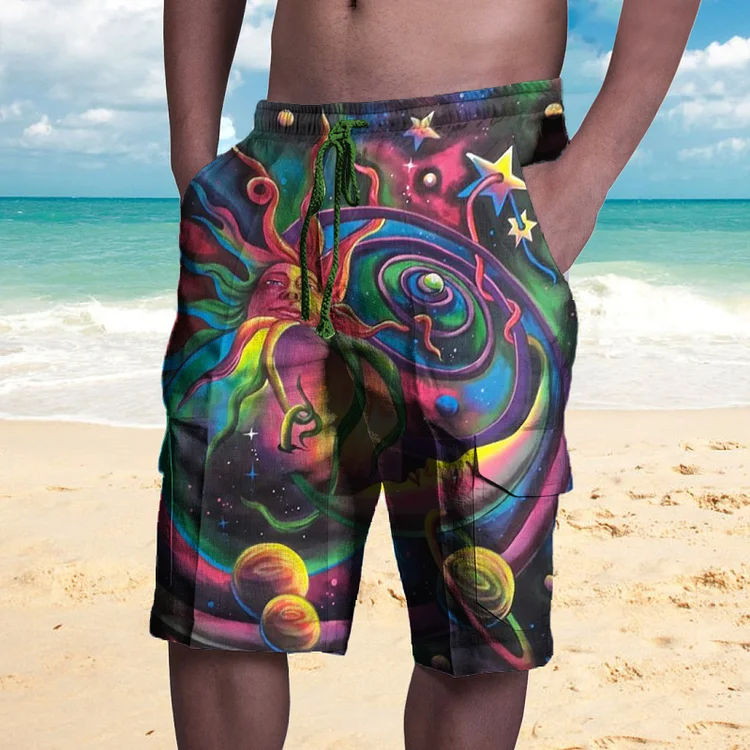 Print Cotton Linen Pocket Casual Short Pants