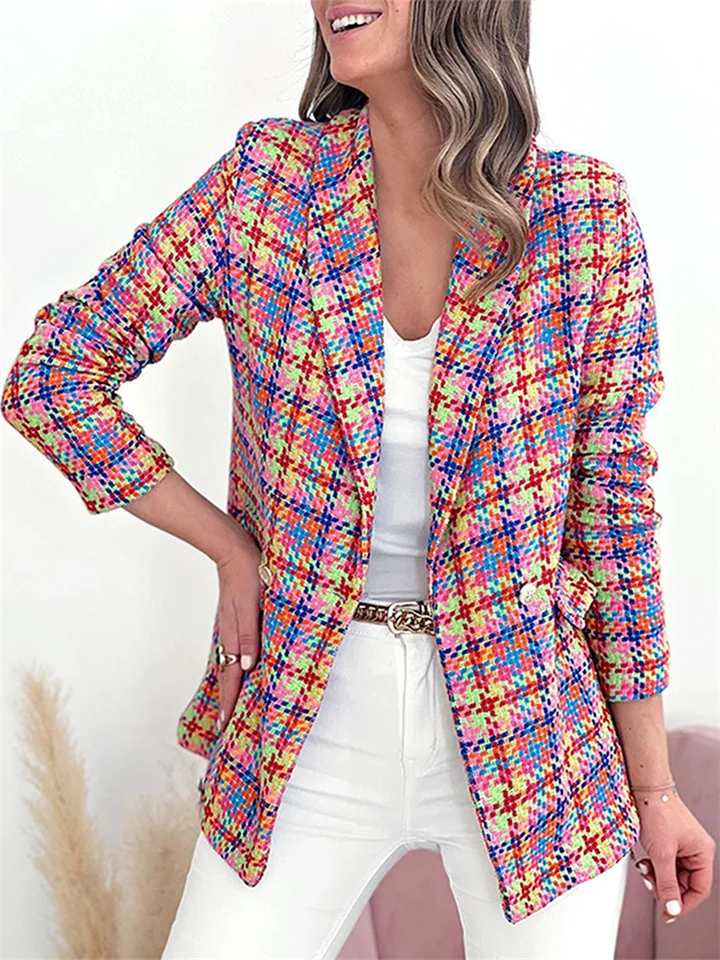 Autumn and Winter New Thousands of Birds Check Plaid Lapel Long-sleeved Pockets Two-button Casual Blazer Female-Cosfine