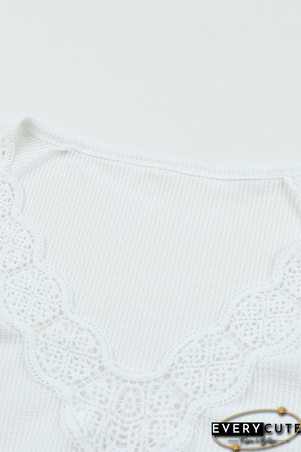 White Lace Crochet Waffle Knit Ruffled V Neck Top