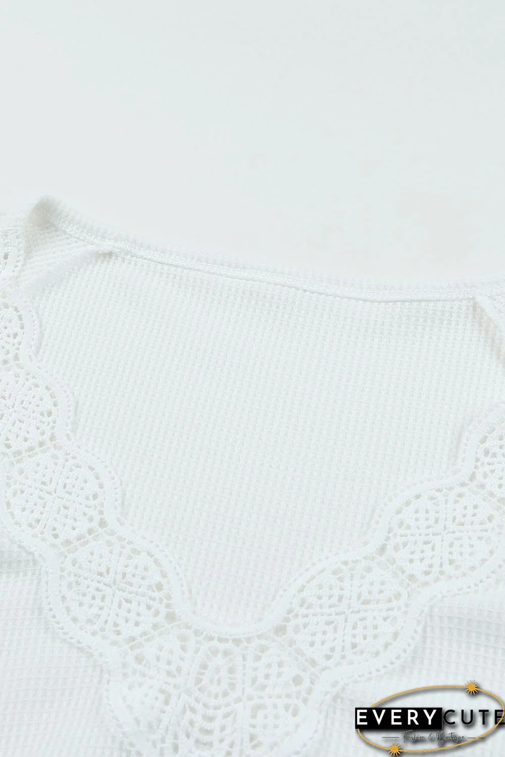 White Lace Crochet Waffle Knit Ruffled V Neck Top
