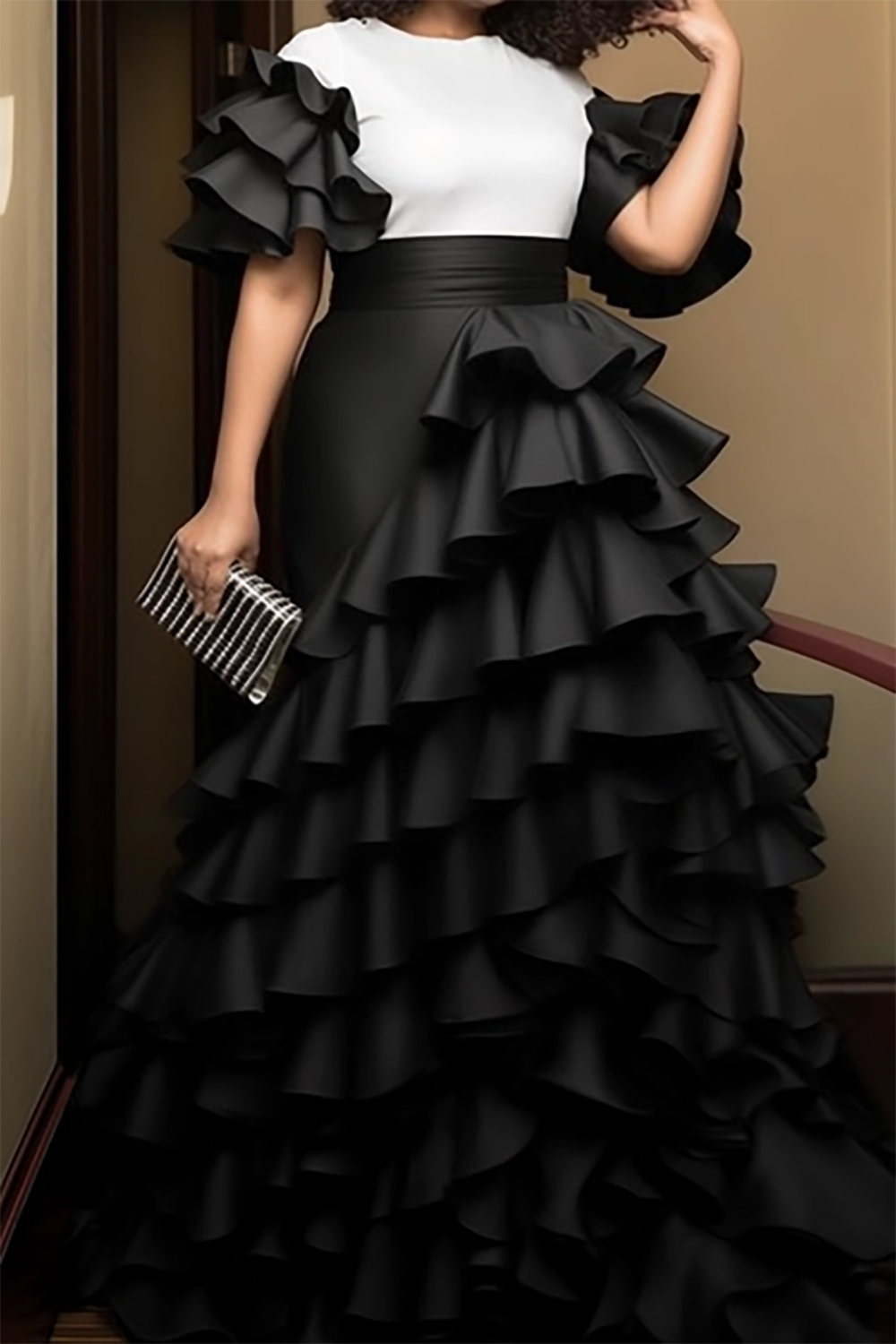 Design Plus Size Mother Of The Bride Maxi Dresses Elegant Black Fall Winter Crew Neck Short Sleeve Contrast Ruffled Satin Maxi Dresses [Pre-Order]