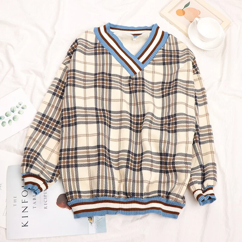 Autumn Plaid Sweaters Women Knitted Pullovers Casual Plush Sweaters Ladies Oversized Jumper Long Sleeve Tops Sueters De Mujer
