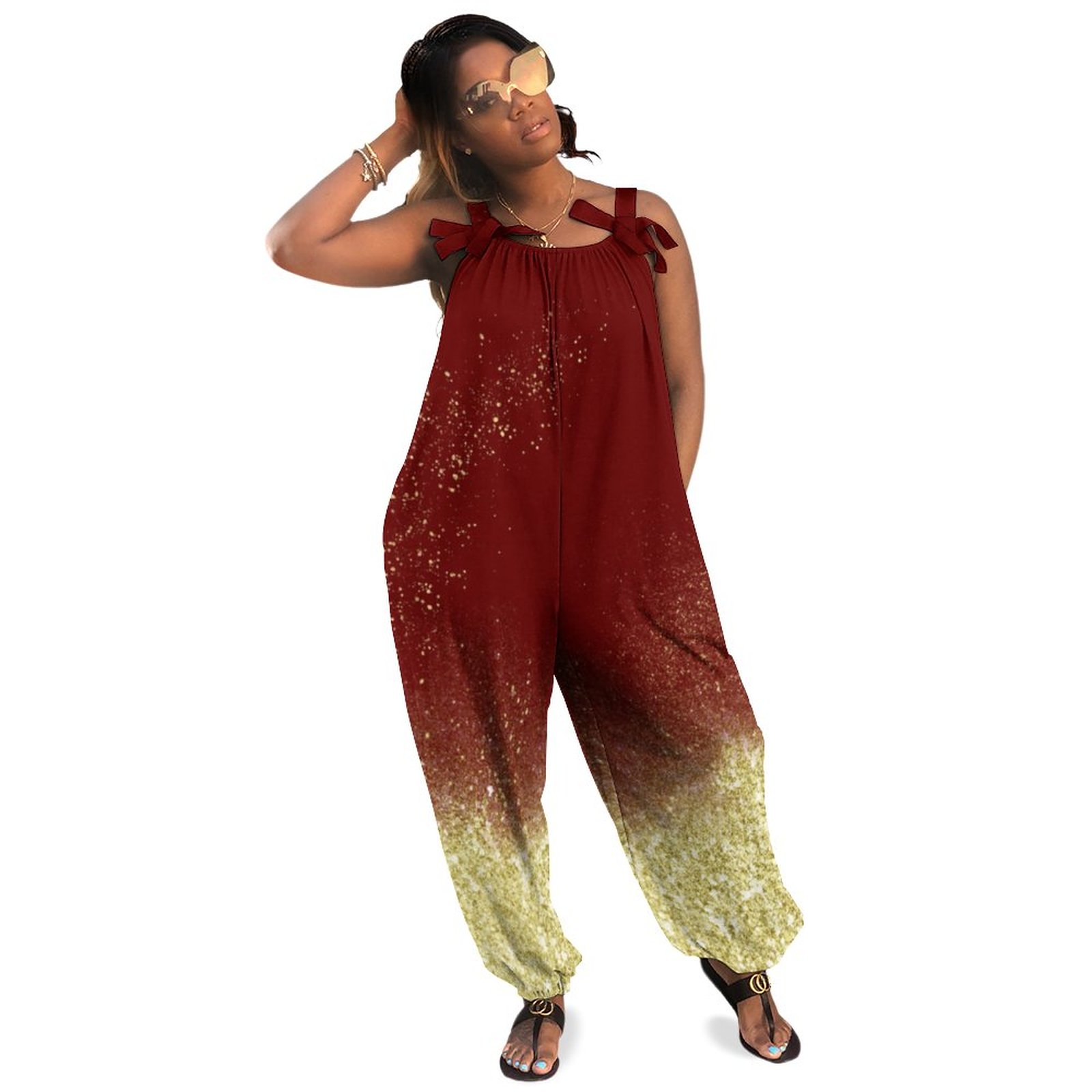 Gold Dust Glitter Christmas Party Women Plus Size Jumpsuit Summer Loose Harem Pants Casual Spaghetti Strap Wide Leg Jumpsuit Formal Summer Polyester Spandex Pockets