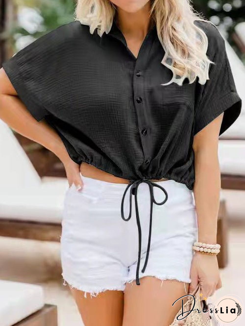 Women'S Blouses Drawstring Button Crop Short Sleeve Blouse