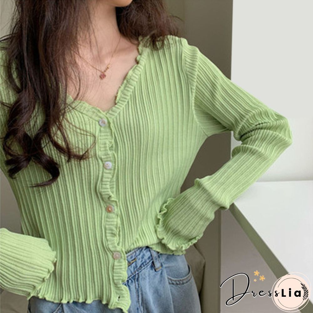 Women's V-neck Long-sleeved Thin Cardigan Short Loose Lazy Top Spring and Autumn