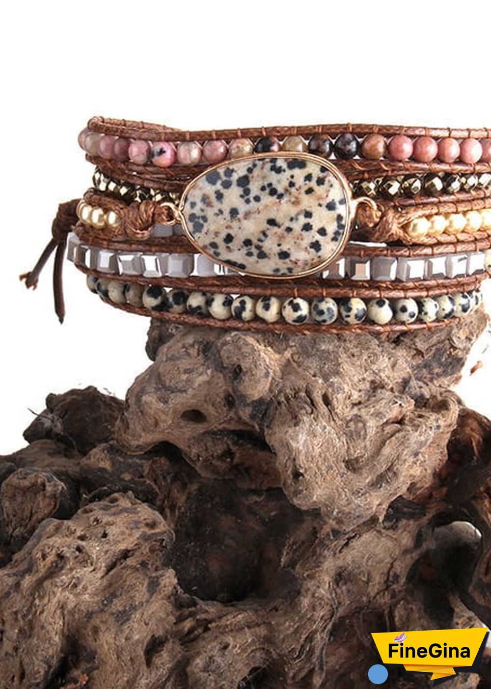 Boho Bracelet, RH 5 Layers Leather Wrap Bracelet, Natural Stones, Crystal Silver