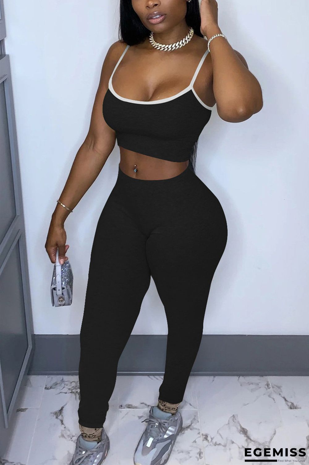 Black Fashion Sexy adult Ma'am Patchwork Solid Two Piece Suits pencil Sleeveless Two Pieces | EGEMISS