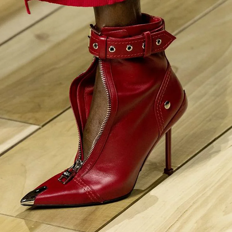Burgundy Ankle Booties with Vintage Metal Toe - Stiletto Heel & Zipper Vdcoo