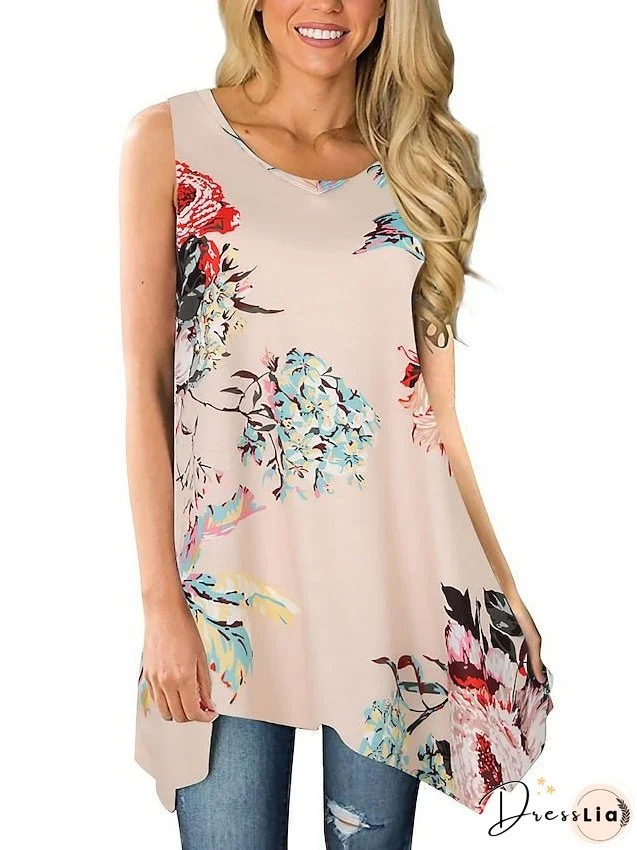 Shirt Tank Top White Light Green Pink Floral Asymmetric Flowing tunic Sleeveless Holiday Weekend Basic Streetwear Round Neck Long Floral S for Women