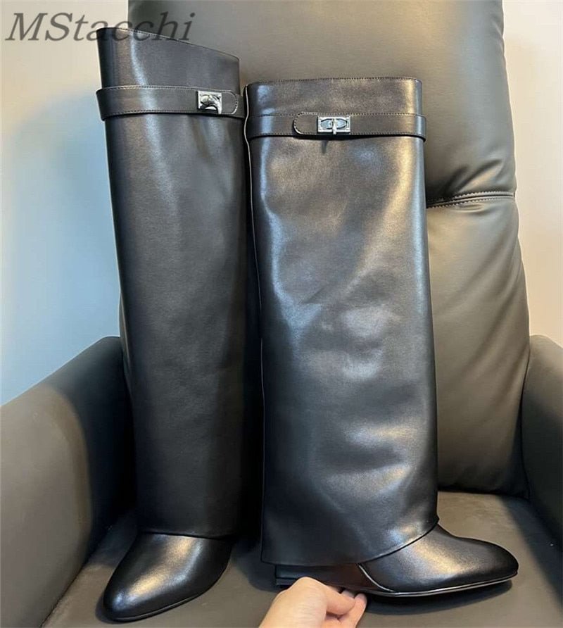 Brand Design Shark Lock Women Boots Sexy Slip-on Knee High Boots For Woman Motorcycle Botas Mujer Genuine Leather Wedge Shoes