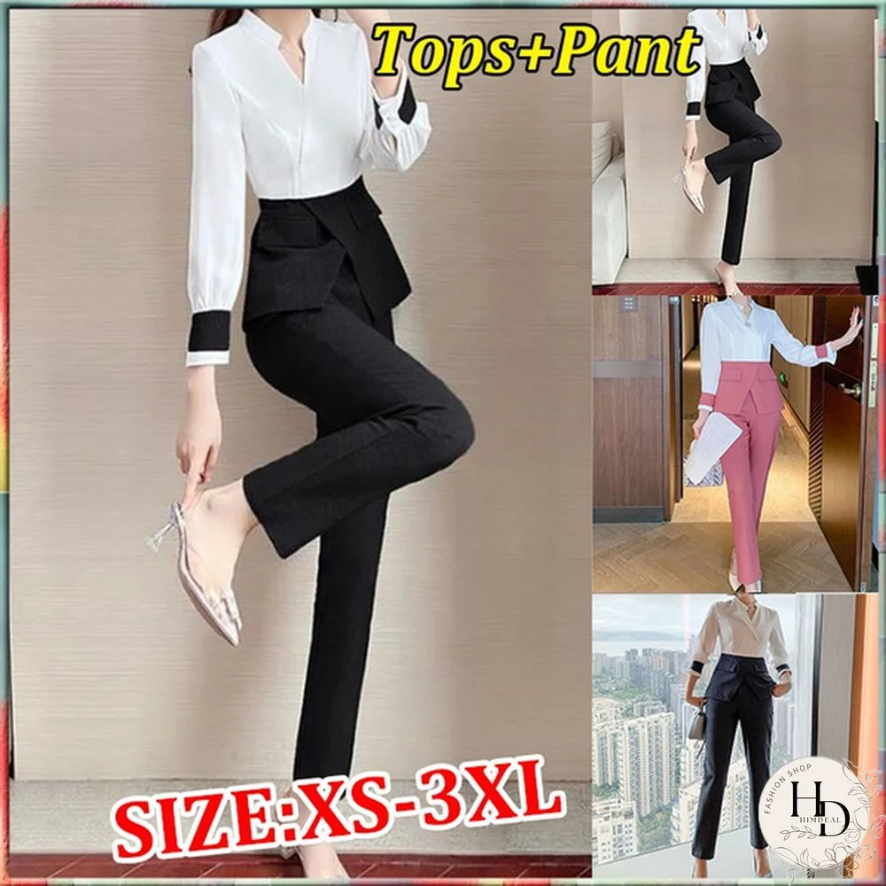 Autumn Suit Women Pants 2 Piece Set Elegant Office Lady Outfits Hit Color Blouse And Pants Fashion Sets