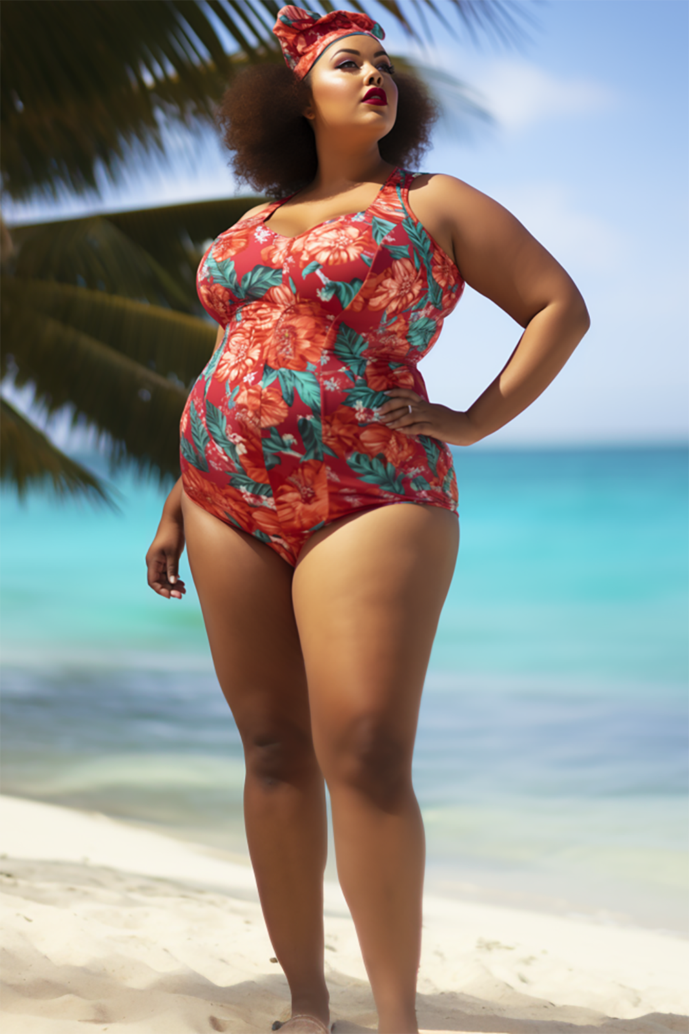 Design Plus Size Beach Red Floral Print Swimsuit Fabric One Pieces Swimwear [Pre-Order]