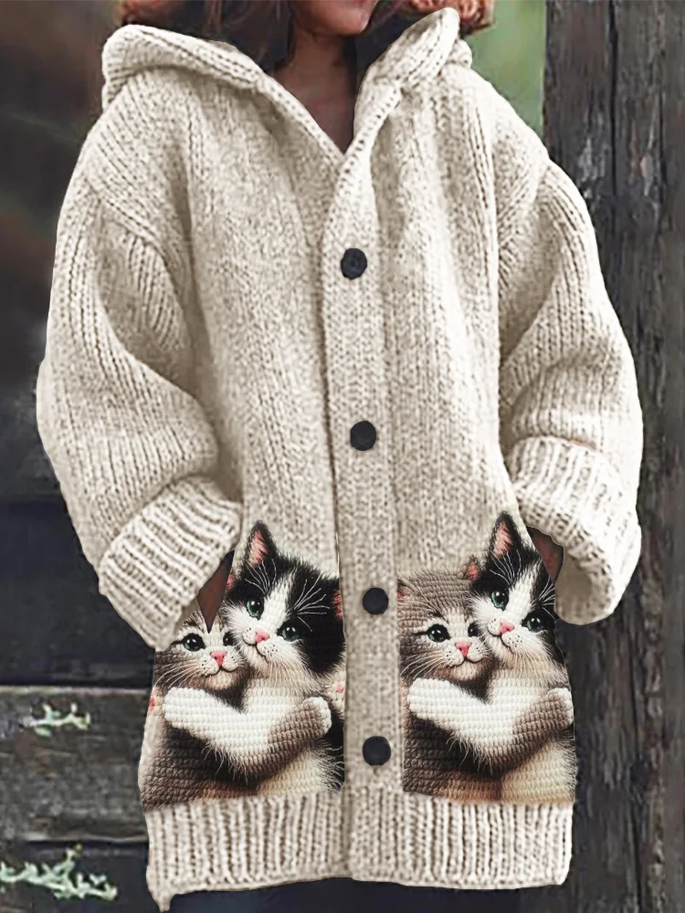 Lovely Cats Embrace Crochet Cozy Knit Hooded Cardigan