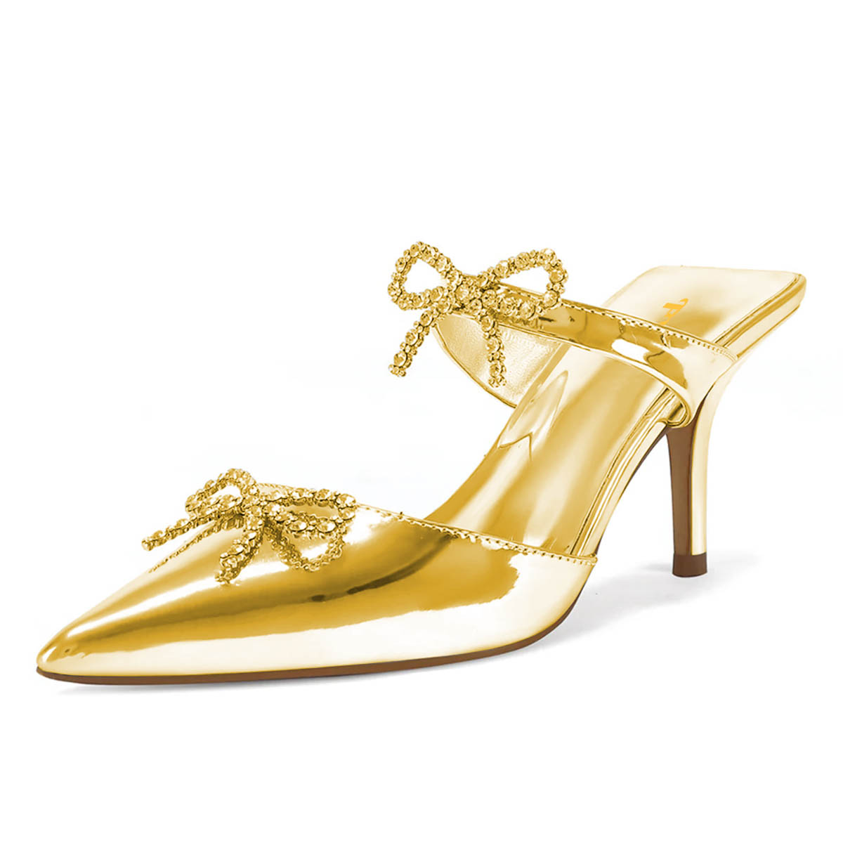 Gold Pointed Toe Kitten Heel Rhinestone Bowknot Mules Shoes Nicepairs