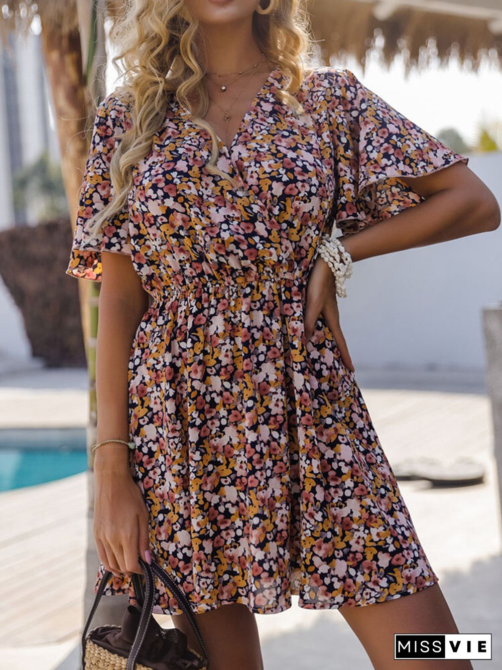 Floral Print Wrap V-neck Short Sleeve Summer Dress
