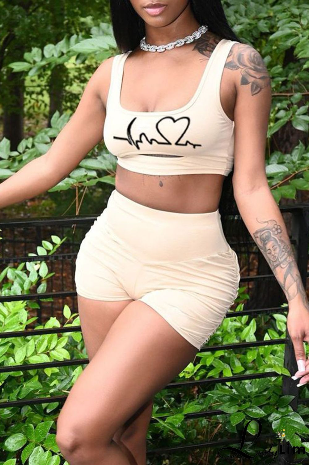 Rose Red Casual Print Split Joint U Neck Sleeveless Two Pieces