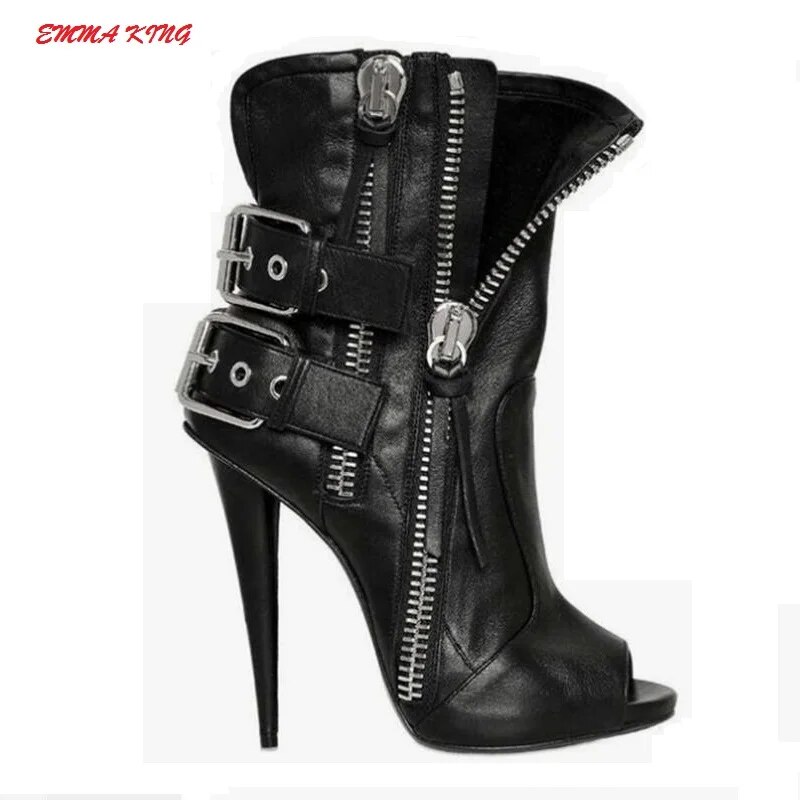 Boots Gladiator Sandals Women High Heel Peep Toe Sandals Boots Buckle Side Zipper Woman Shoes