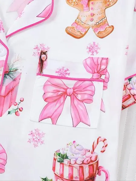 【christmas】Women's Christmas Pajama Set, Santa Cookie Print, Short Sleeve Button-up Top & Elastic Shorts, Casual All-season Sleepwear, Christmas Pyjamas, Loungewear
