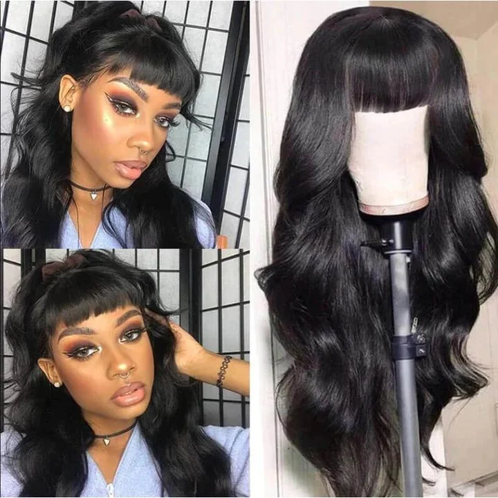 14A Virgin Body Wave Human Hair Wigs with Bangs 150% Density None Lace Front Wigs Glueless Machine Made Wigs for Black Women