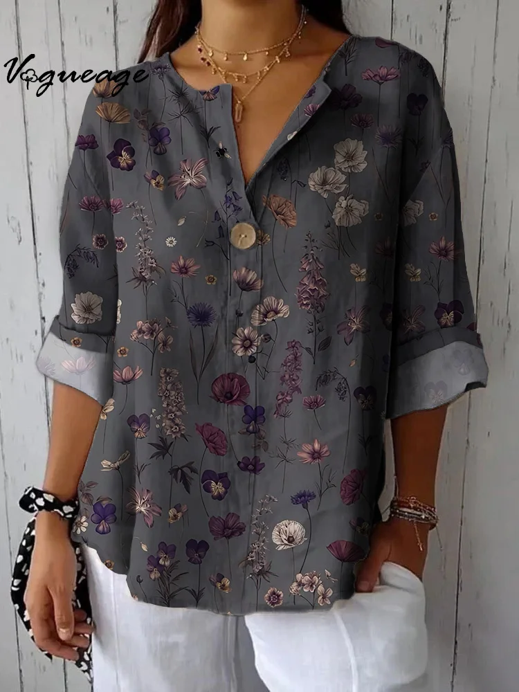 Elegant Gentle And Comfortable Flowers Printed Cotton And Linen Shirt