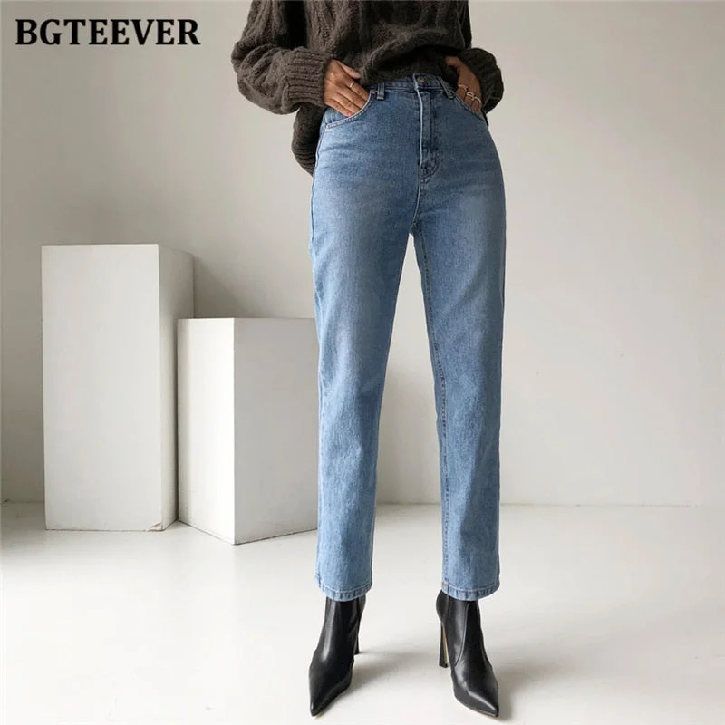 BGTEEVER Vintage Streetwear Women Denim Blue Jeans Autumn Winter High Waist Loose Trousers Female Straight Leg Jeans Pants
