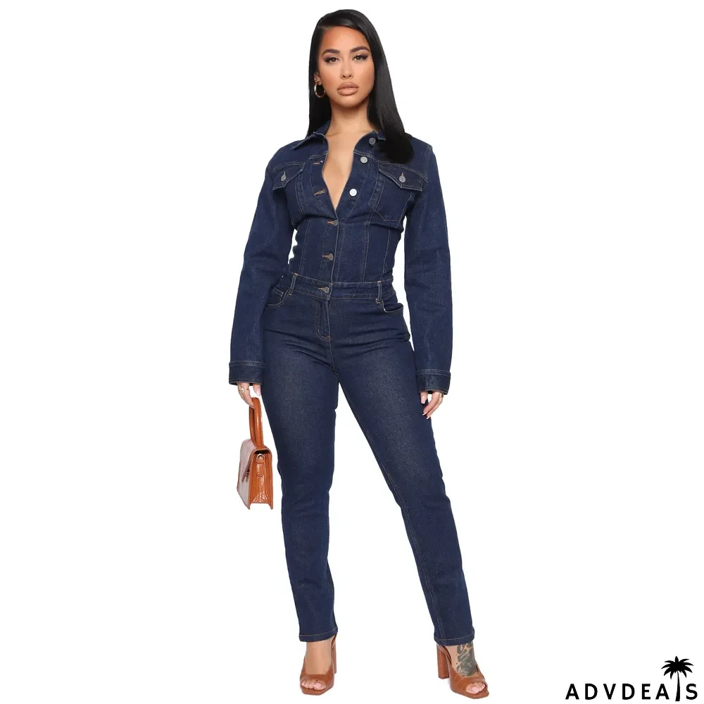 Winter Formal Blue Button Up Denim Jumpsuit