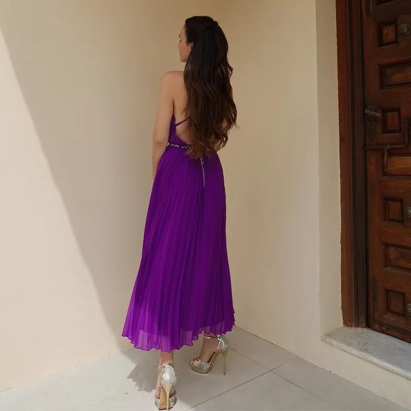 Uaang Pleat Midi Dress Women Elegant Backless Camisole Dresses Chic Lady Robe Female Clothing 2023 Summer New