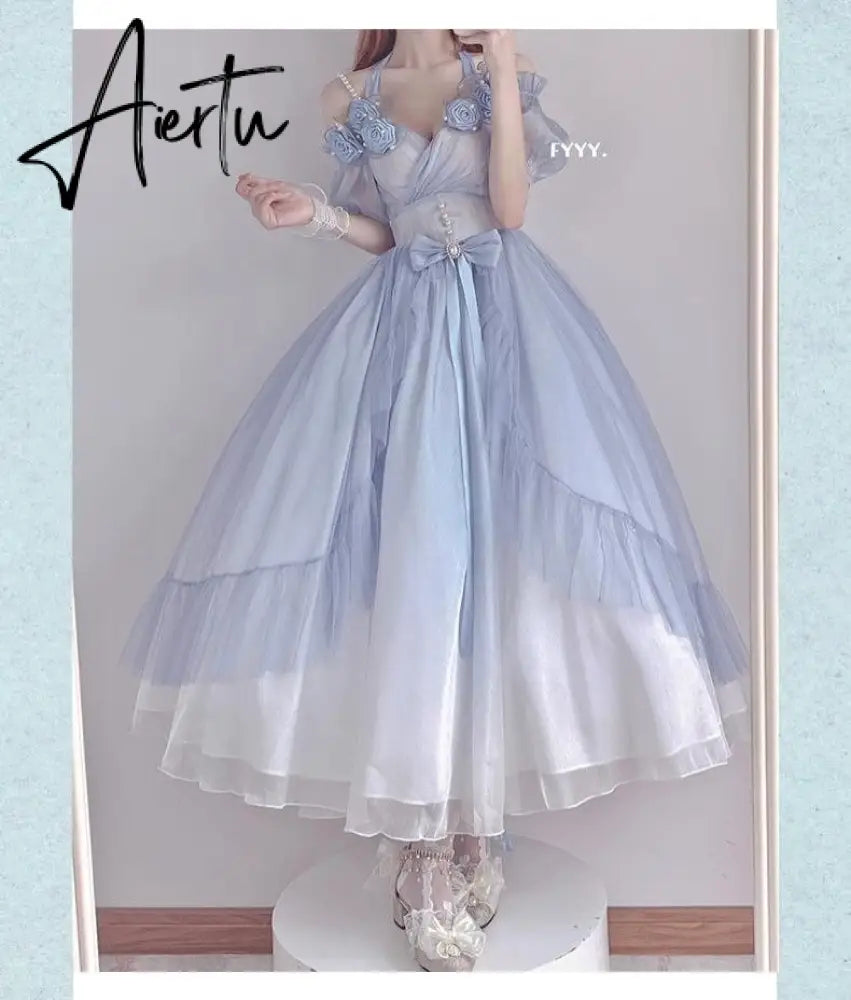 Flower Wedding Lolita Dress Light Gradient Blue Rose Fairy Princess Kawaii Sweet Elegant Lolitas Tea Party Dresses Victorian Aiertu