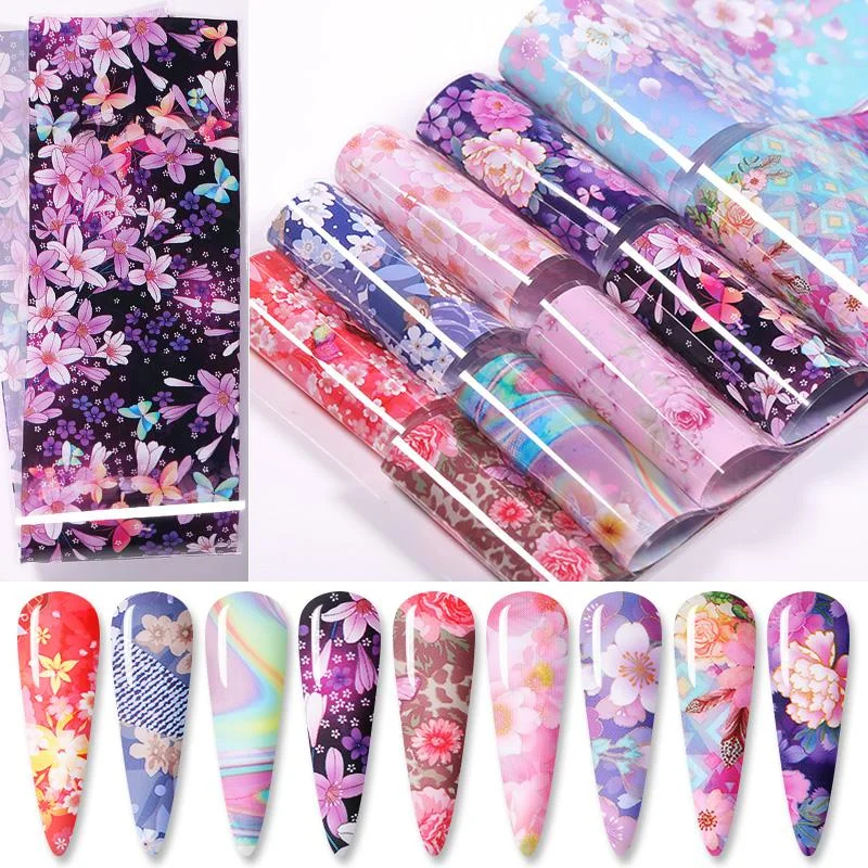 10Pcs/Bag Marble Nail Art Transfer Foil Sticker Flower French Tip Wraps Adhesive Decals Nails Decoration Manicures Accessories-Nail Inspo