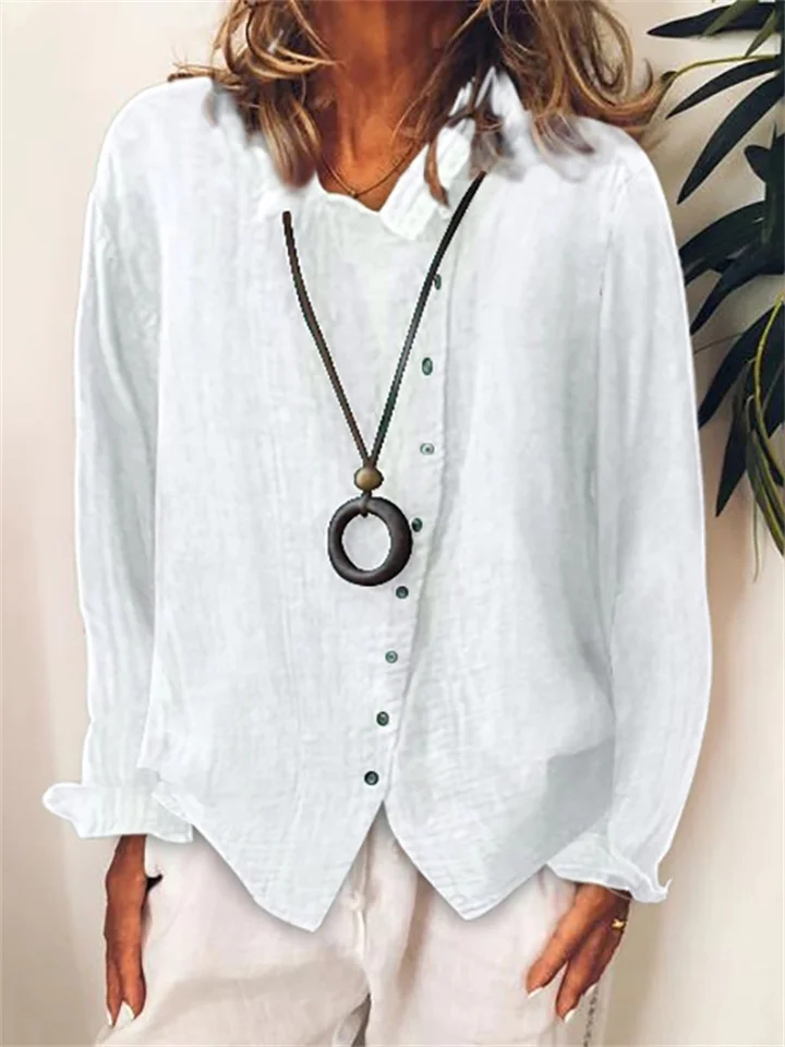 Women's Large Size Breathable Loose Solid Color Temperament Cotton Linen Shirt Long-sleeved T-shirt