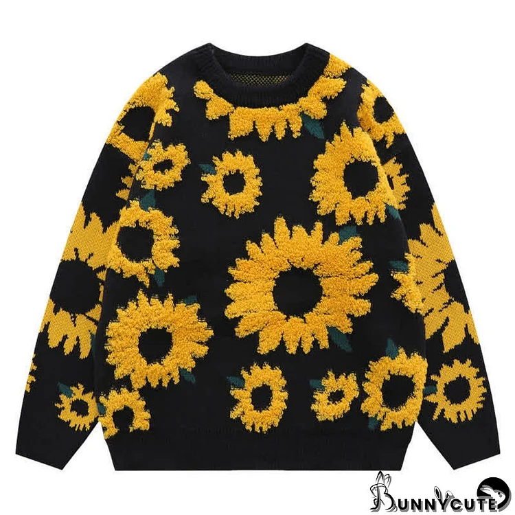 Sunflower Embroidery Round Collar Knit Oversized Sweater