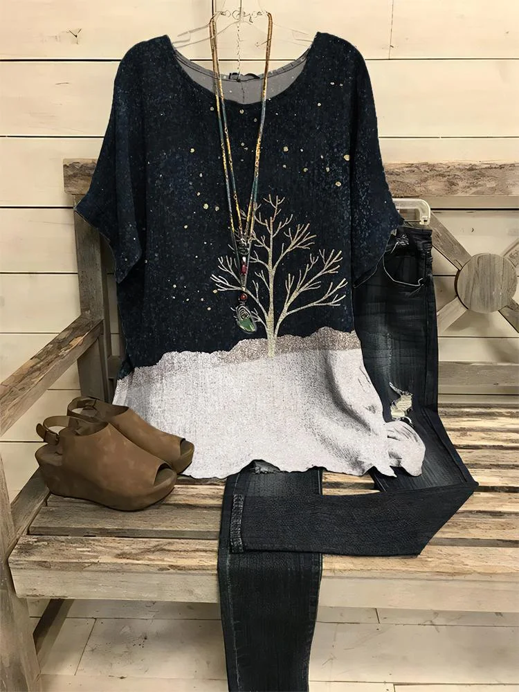 Women's Tree View Art Printed Casual Half Sleeved Top