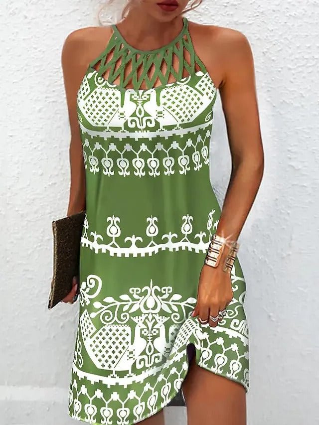 Women's Sleeveless Floral Print Crew Neck Stylish A Line Short Mini Dress