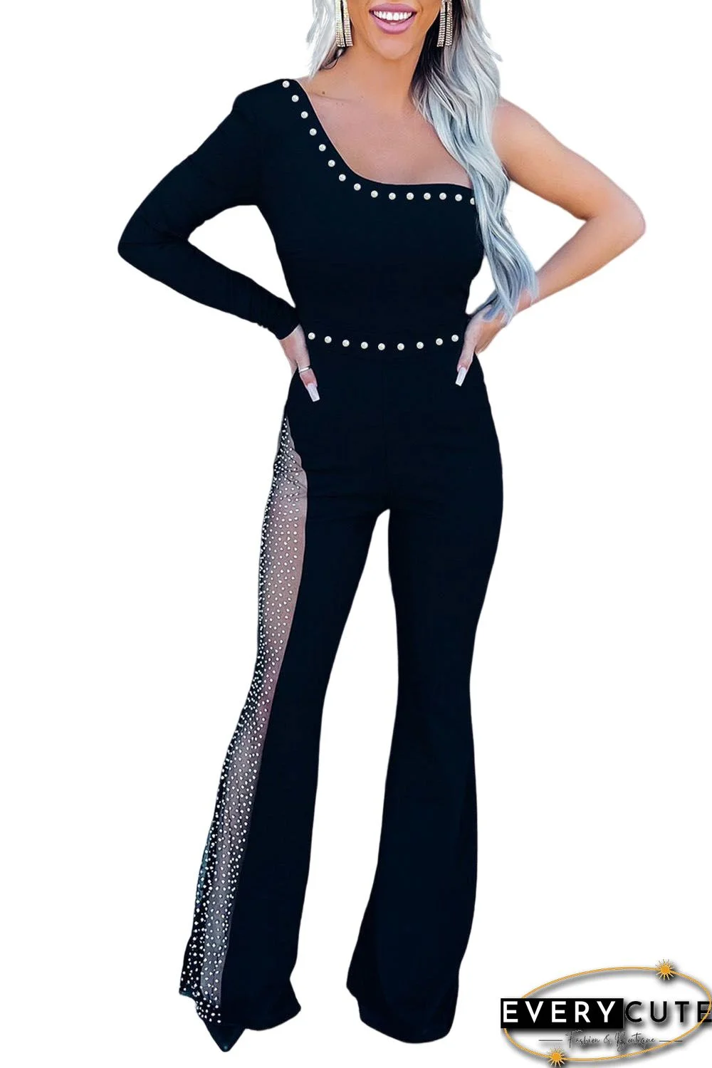 Black Asymmetric Mesh Cutout Rhinestone Jumpsuit