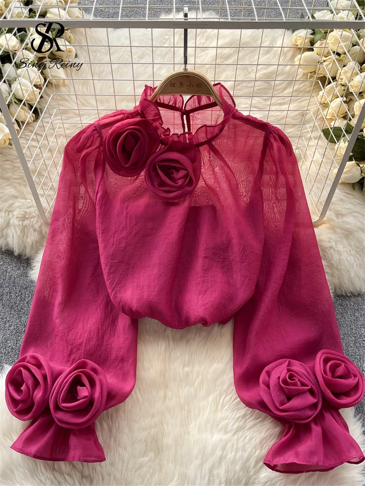 Huibahe Ruffles Sweet Sheer Blouse O Neck Long Sleeves 3D Floral Loose Top Korean Style Streetwear Vintage OL Casual Shirt