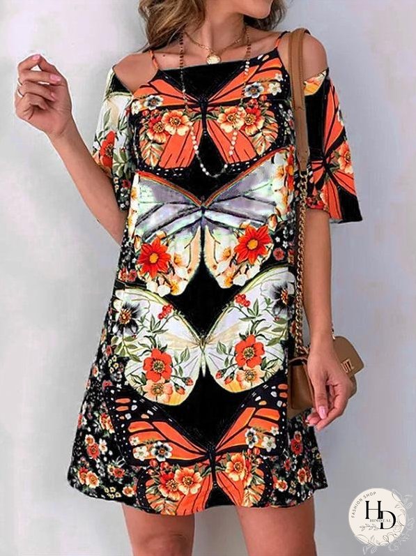 Butterfly Print Cutout Short Sleeve Dress for Women