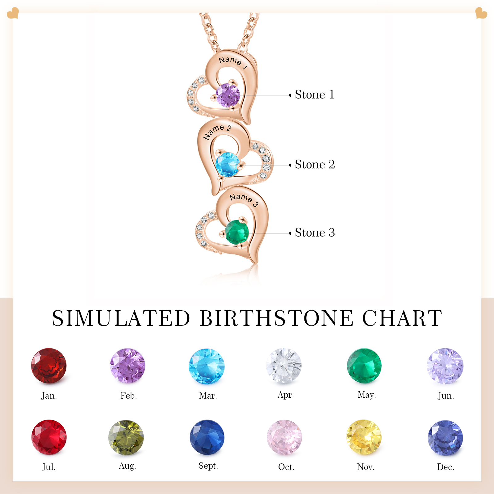 3 Names - Personalised Heart Pendant Necklace Custom Birthstones & Names Necklace Birthday Gift for Her-Jessemade AU