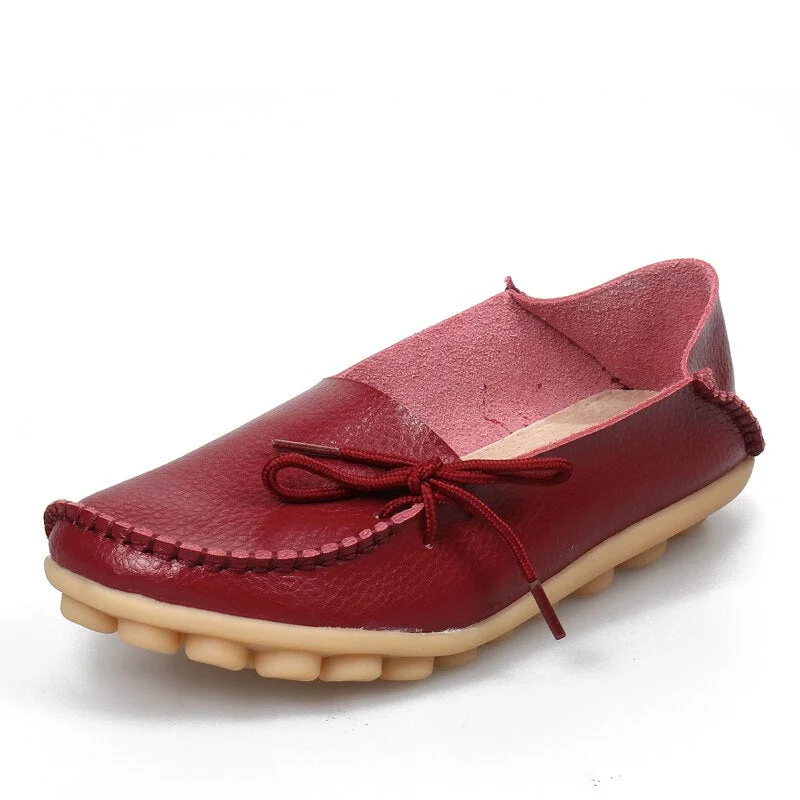 New Moccasins Women Flats  Autumn Woman Loafers Genuine Leather Female Shoes Slip On Ballet Bowtie Women's Shoes Big Size