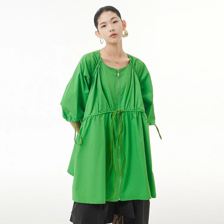 Original Solid Color O-neck Pleated Drawstring Waist Batwing Sleeve Zip-up Trench Coat Dress