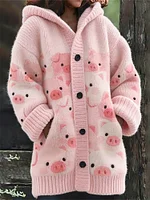 Lovely Pink Pigs Crowd Print Cozy Hooded Cardigan