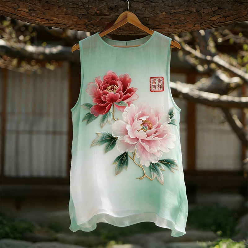 Ancient Peony Flowers Dyed Flowy Linen Tank Top wearshes