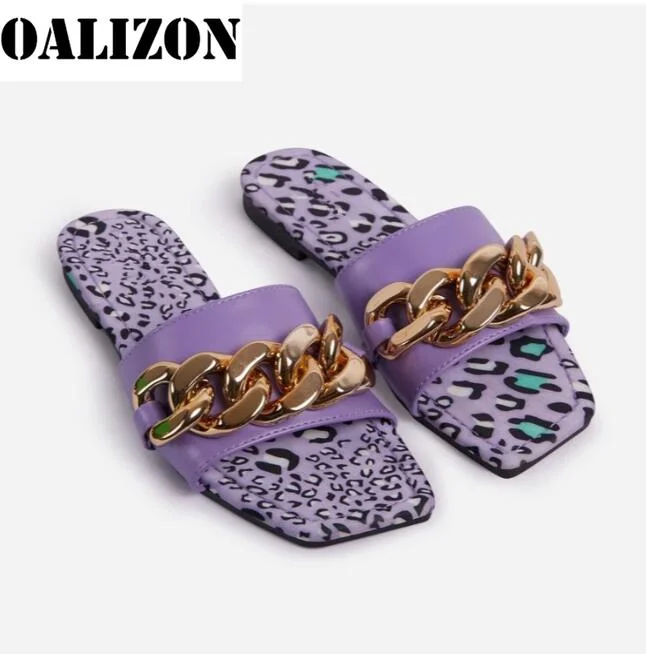 Female Women Summer New 2021 Fashion Chains Flat Open Toe Sandal Slippers Shoes Sexy Woman Lady Flip Flops Slides Slippers Shoes