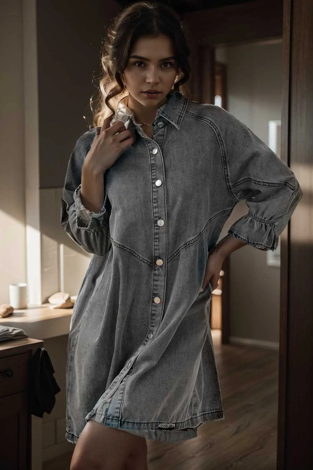 chic gray denim mini dress with button detail