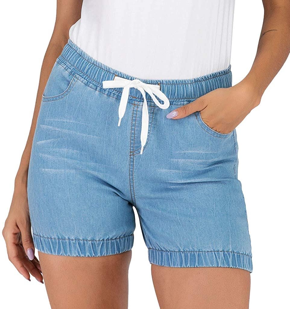 Shorts for Women Holiday Capris Mini Denim Pants Beach Home Elastic Waist Drawstring Crop Jeans