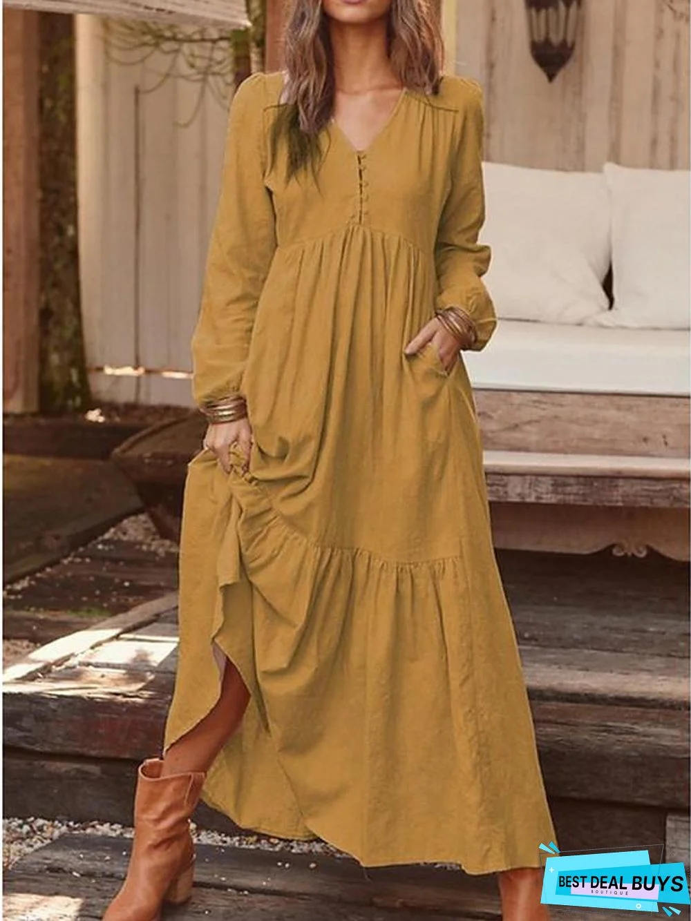 Women's Shift Dress Maxi Long Dress Long Sleeve Solid Color Hot Yellow Royal Blue Light Gray Brown Light Blue