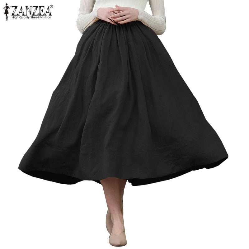ZANZEA Women Vintage Skirts 2022 Summer Office Lady Midi Skirt Casual Solid A-line Pockets Zipper Oversized Cotton Linen Skirts